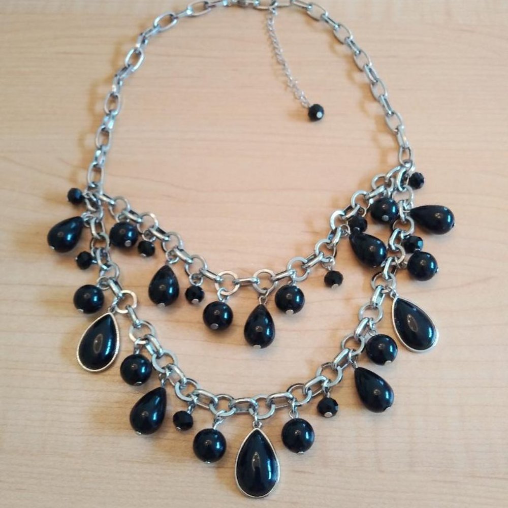 Vintage Silver Tone Necklace with Black Acrylic & Glass Beads